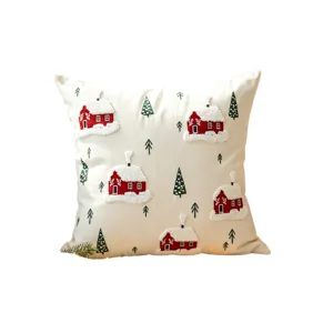Christmas pillow cover with red house embroidery, festive decorative sofa cushion case 45x45