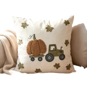 Autumn pumpkin tractor canvas cushion cover vintage fall decorative throw pillow case sofa