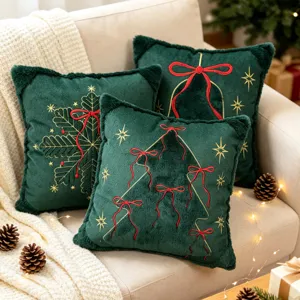 Christmas Decorative Pillow Cover Faux Fur Embroidered Snowflake Tree Bow Cushion Cover For Living Room Sofa Home Decor