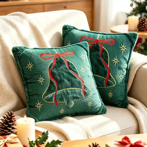 Christmas velvet throw pillow cover with embroidered bell bow for sofa home decoration main
