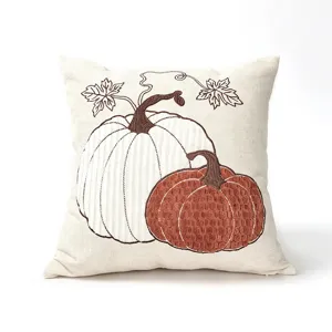 Funda de cojín decorativa con bonito diseño de bordado de calabaza, cojín de sofá de lino.