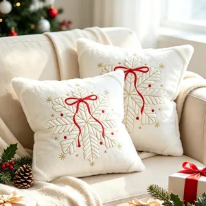 Christmas throw pillow cover plush embroidered snowflake red ribbon for sofa holiday decor