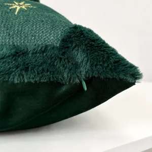 Green Christmas pillow cover with embroidered star and plush trim, decorative sofa cushion.