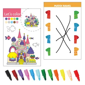 Kinder Malbuch und Zuordnungsspiel Set mit bunten Markern für kreatives Malen und Lernen.