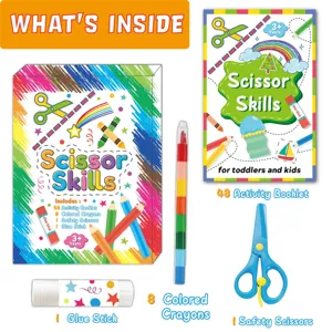 Kinderschnittgeschicklichkeit Bastelbuch Set mit Buntstiften und Sicherheitsscheren.