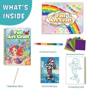 Kids DIY foil art craft kit with colorful sheets, crayons, and coloring books for creative fun.