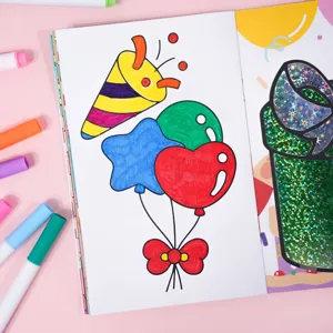 Kids birthday theme foil art sticker book detail view, creative DIY craft coloring pages.
