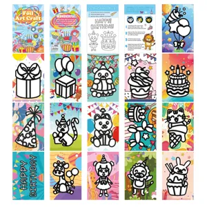 Kids foil art craft kit with birthday theme, DIY coloring and sticker cards for creative play.