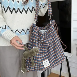 Sac à Bandoulière à Cordon Motif Carreaux Style Préparatoire Coréen Grande Capacité