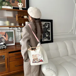Cream quilted canvas shoulder bag with cute bear embroidery, large capacity daily crossbody.