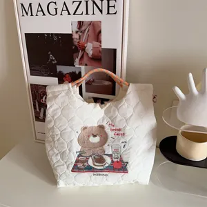 Cream quilted canvas tote bag with cute bear embroidery, large capacity casual crossbody bag.