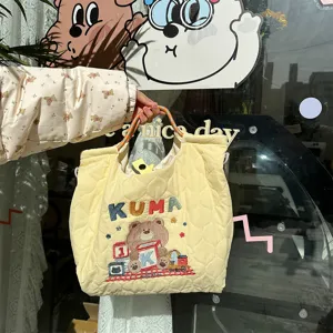Cream quilted canvas tote bag with cute bear embroidery, large capacity daily shoulder bag.