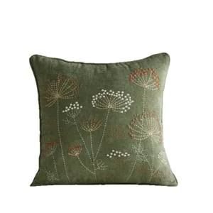 Green chenille embroidered pillow cover with botanical floral design for home sofa bedroom decor.