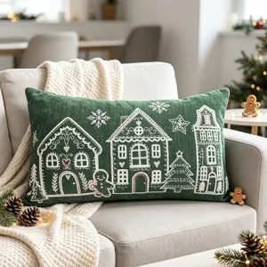 Christmas chenille throw pillow cover, green embroidered holiday house design for home sofa decor.