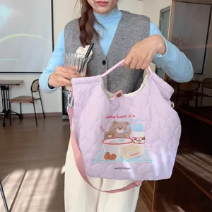 Quilted embroidered tote bag large capacity canvas shoulder bag casual sweet cute style for women