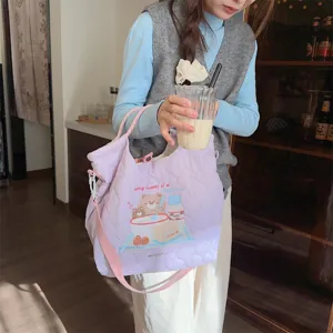Quilted canvas crossbody bag with cute bear embroidery, large capacity shoulder handbag.