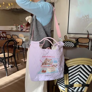 Quilted purple canvas tote bag with cute bear embroidery, large capacity crossbody bag.