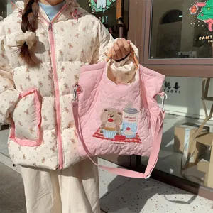 Pink quilted canvas crossbody bag with cute bear embroidery, large capacity autumn handbag.