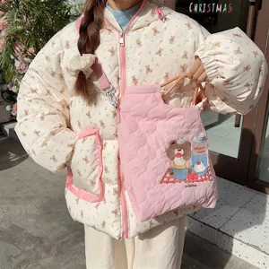 Pink quilted tote bag with cute bear embroidery, stylish casual crossbody bag for daily use.