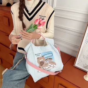 Cute quilted canvas tote bag with bear embroidery, large capacity crossbody and handbag.