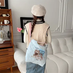 Quilted canvas crossbody bag with cute bear embroidery, large capacity tote for women.