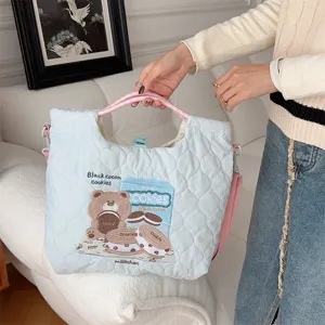 Light blue quilted canvas tote bag with cute bear embroidery, casual crossbody shoulder bag for women