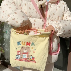 Cream autumn winter quilted embroidered canvas tote bag cute bear shoulder bag for women
