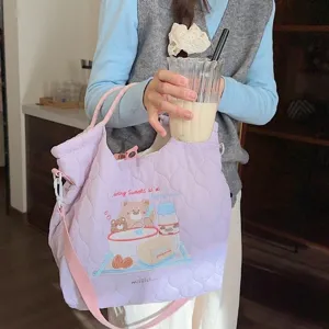 Quilted embroidered shoulder bag with cute bear design, large capacity casual crossbody bag.