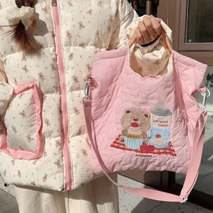 Pink quilted tote bag with cute bear embroidery, large capacity shoulder bag for women.
