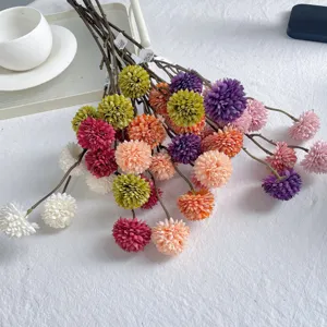Artificial autumn ping pong chrysanthemum flower detail, multi-color decorative stem.