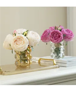 Artificial rose flower bouquet with bubble glass vase home decor tabletop ornament