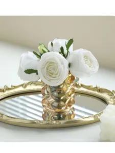 Luxury artificial rose bouquet in glass vase with gold mirror tray for home table decor
