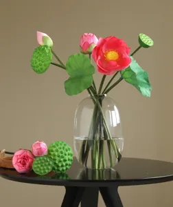 Artificial Lotus Flower Set with Glass Vase Lifelike Faux Floral Home Wedding Decor