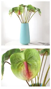 Artificial Anthurium flower arrangement in blue ribbed vase, realistic 3D printed leaf detail