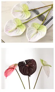 Close-up detail of artificial anthurium flowers with realistic 3D print texture and water drops.