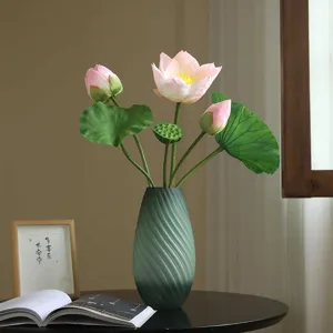 Artificial lotus flower set with green twisted vase home decor tabletop photography props