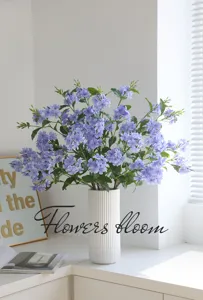 Artificial Blue Hydrangea Plumbago Flowers Fake Floral Arrangement with Ceramic Vase Home Decor