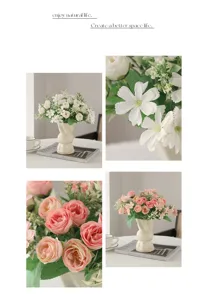 Gros plan détaillé de bouquet de roses artificielles en vase blanc, parfait pour la décoration.