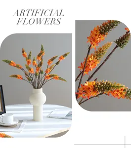 Primer plano de ramas de flores artificiales con espigas naranjas vivas y tallos realistas.