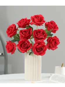Hochwertiger künstlicher 10-Kopf roter Rosenstrauß in weißer Vase für Hochzeit und Dekoration.