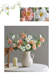 Artificial rose flower detail view, ceramic vase, home desktop decoration showcase.
