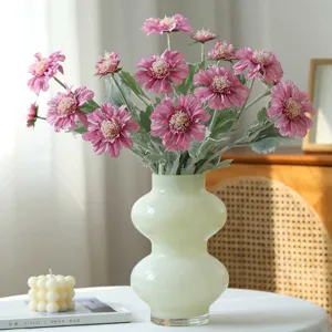 Artificial pink flower bouquet with aesthetic green vase for living room home table decoration