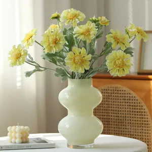 Artificial yellow cosmos flowers in light green gourd vase home decor tabletop ornament