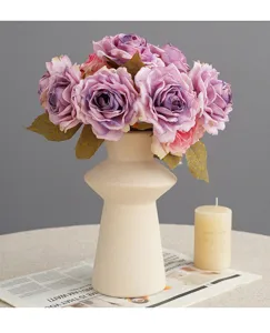 French flame-burnt edge artificial rose flower bouquet with ceramic vase home decor accessory.