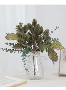 Artificial flower bouquet detail, vintage banksia and eucalyptus leaves for home decor.