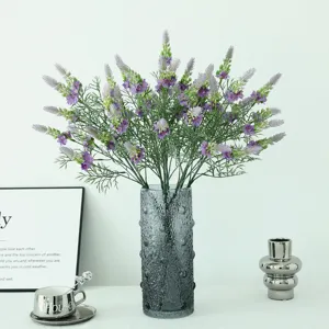 Ramo de flores de lavanda artificial con florero de vidrio gris para decoración del hogar boda
