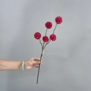 Artificial flower branch detail, single stem purple ball chrysanthemum for home wedding decor.