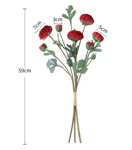 Artificial ranunculus flower bouquet detail showing dimensions, silk floral decor for home.