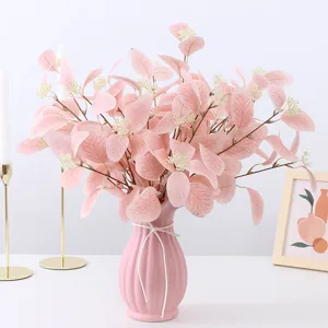 Artificial pink eucalyptus leaves bouquet with vase for home living room decor