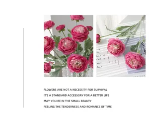 Detailed view of artificial ranunculus flower bouquet with flocked texture for home decor.